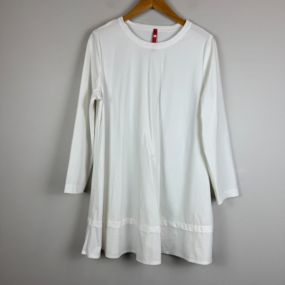 IC by Connie K Top Shirt Women M White Stretch Nylon Long Sleeve Tunic Lagenlook